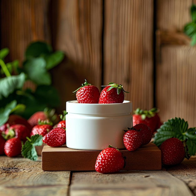 Un frasco blanco con sabor a fresa con fresas