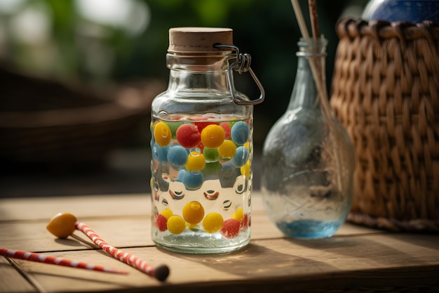 Un frasco de bolas de colores se sienta en una mesa junto a una botella de dulces.