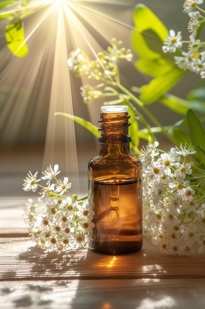 frasco com extrato de óleo essencial de valeriana sobre um fundo de madeira