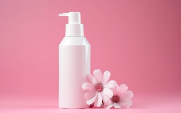 Frasco cosmético branco com flor rosa em fundo rosa