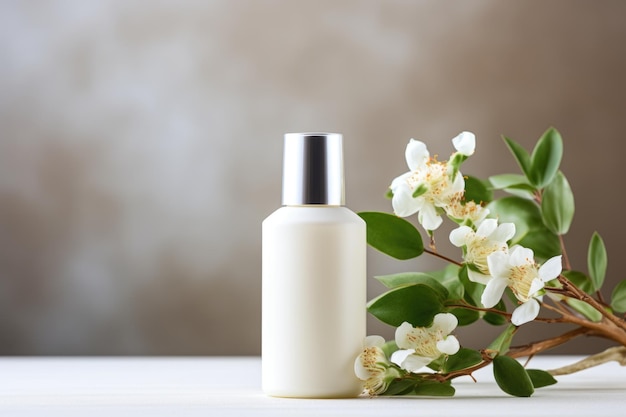 Frasco cosmético branco com flores brancas Conceito de cosméticos naturais