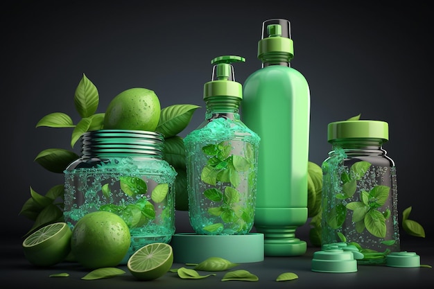 Frasco cosmético com limão verde e ilustração de folha de hortelã Generative AI
