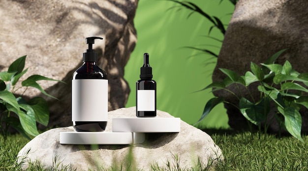 Frasco cosmético de maquete em uma rocha e bases no foco do jardim na renderização 3d do produto