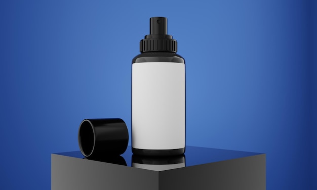 Frasco cosmético elegante com fundo azul para apresentação de produto ou marca 3d renderização garrafa de produto de vista frontal