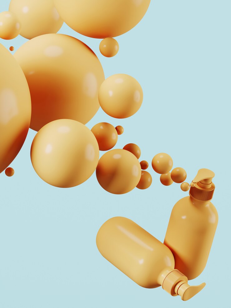 Frasco cosmético laranja e esfera em fundo azul