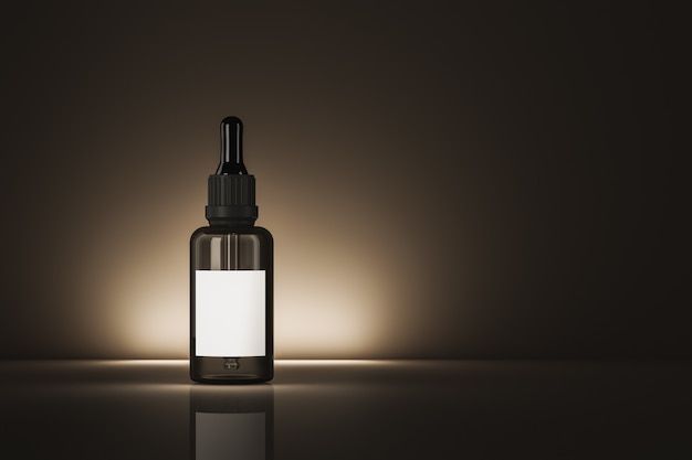 Frasco cosmético preto conta-gotas no cenário escuro e iluminação atrás do frasco