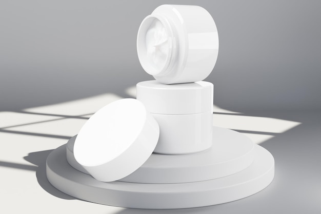 Frasco de crema cosmética blanca sobre fondo blanco para la presentación del producto maqueta de representación con sombra