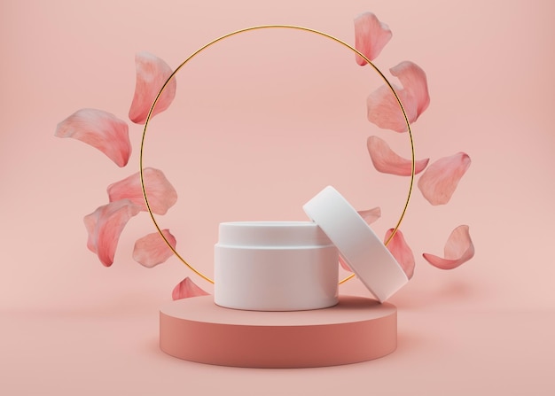 Frasco de crema cosmética blanco y en blanco, sin marca, sobre un podio rosa con anillo dorado y pétalos de flores. Presentación de productos para el cuidado de la piel. Maqueta elegante. Cuidado de la piel, belleza y spa. Representación 3D.