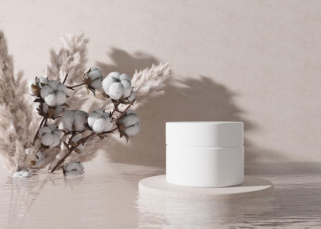 Frasco de crema cosmética sin marca en blanco blanco con hierba de pampa de agua y planta de algodón sobre fondo beige Presentación del producto para el cuidado de la piel Maqueta moderna Frasco de belleza y spa con espacio de copia Render 3D