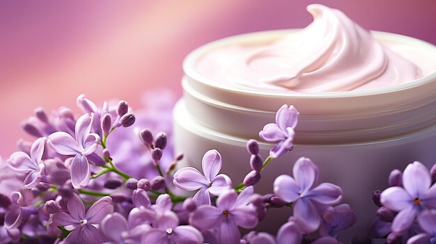 Foto un frasco de crema facial natural con flores de lila sobre un fondo rosado