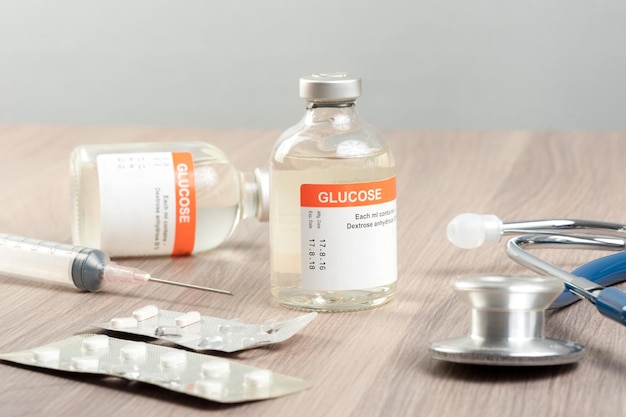 Frasco de close up de glicose para nutrição paranteral e para hipoglicemia.