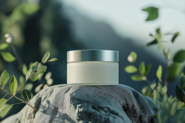 Frasco de creme cosmético em cima de uma rocha num cenário natural que promove o cuidado orgânico da pele