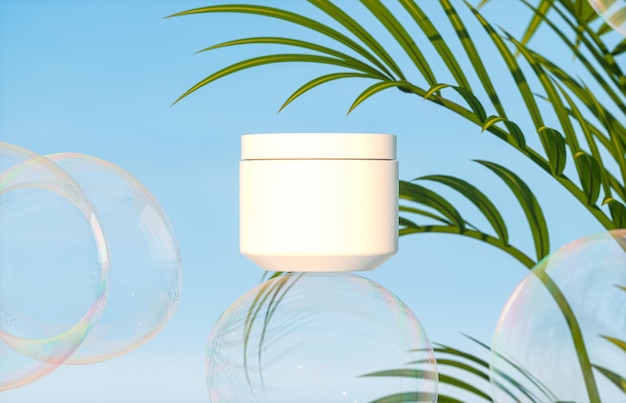 Frasco de creme cosmético em um fundo de plantas tropicais e renderização 3d de bolhas de sabão