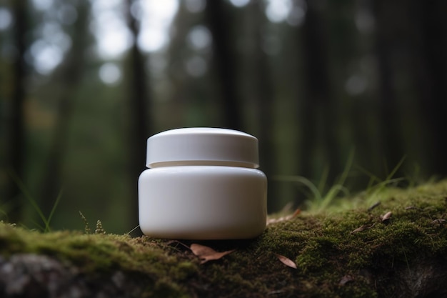 Frasco de creme cosmético sem marca branco e em branco parado na floresta Apresentação de produtos para cuidados com a pele Beleza para cuidados com a pele e spa Frasco com hidratante de espaço para cópia Natureza ao ar livre IA generativa