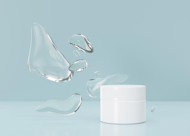 Frasco de creme cosmético sem marca em branco branco com formas de água abstratas em fundo azul apresentação de produtos de cuidados com a pele maquete elegante beleza e spa de cuidados com a pele frasco com espaço de cópia renderização em 3d