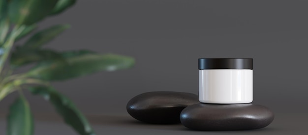 Frasco de creme cosmético sem marca em branco em pé na pedra preta do spa com plantas Apresentação do produto para cuidados com a pele em fundo cinza escuro Simulação moderna Jar com espaço de cópia Renderização em 3D