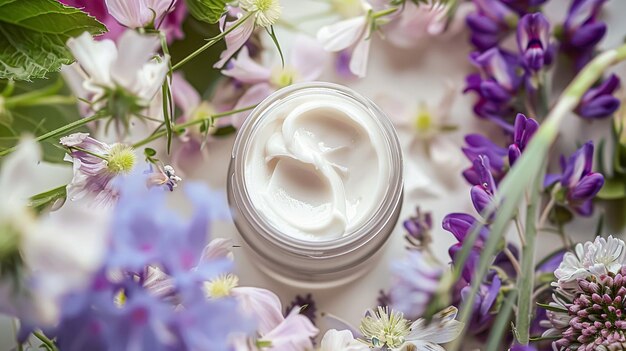 Frasco de creme hidratante para o rosto em fundo floral Conceito de produtos de higiene e cuidados com a pele de marca cosmética