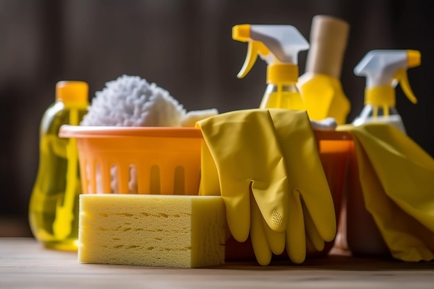 Frasco de escova com solução de limpeza, pano de esponja e luvas de borracha amarelas