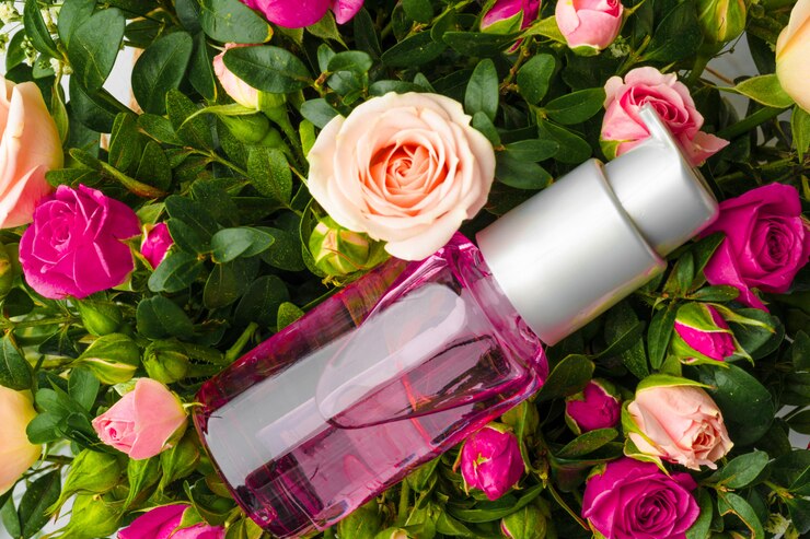 Foto frasco de fragrância ou óleo aromático em um ramo de flores frescas