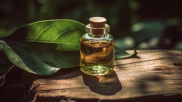 Frasco de óleo de vidro de perfume com folhas em tecnologia de ai generativa de madeira
