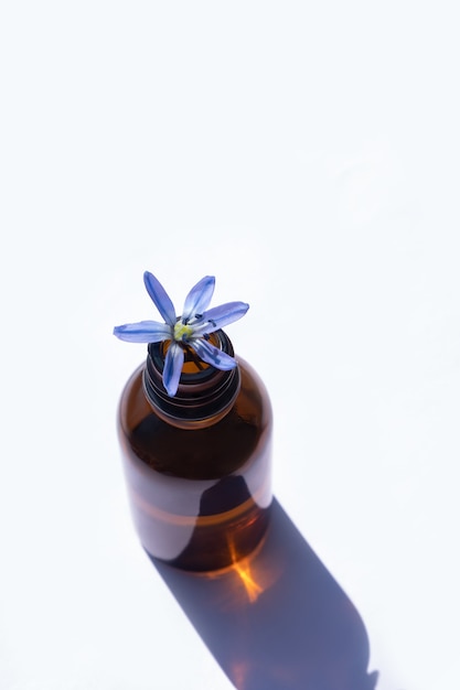 Frasco de óleo essencial com sombra nítida sobre fundo azul. frasco de óleo essencial com flor de floco de neve azul no topo.