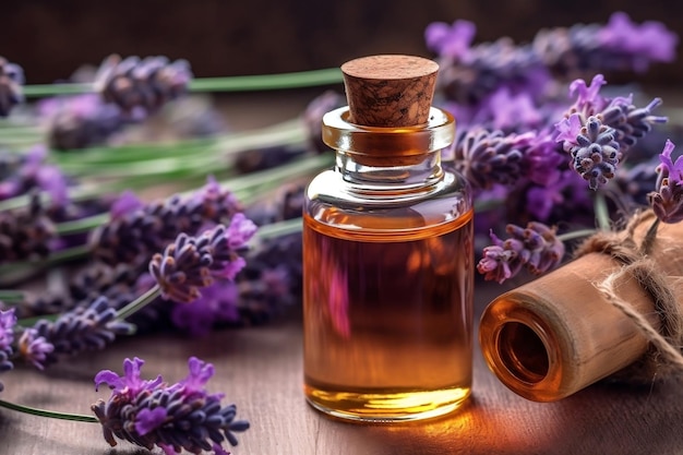 Frasco de óleo essencial de lavanda ao lado de flor de lavanda em uma mesa