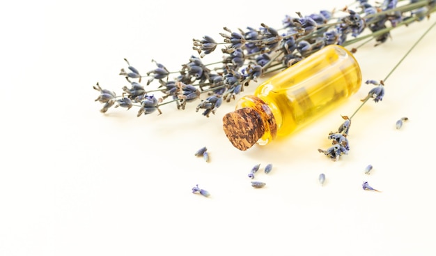 Frasco de óleo essencial de lavanda ou perfume floral com lavanda seca