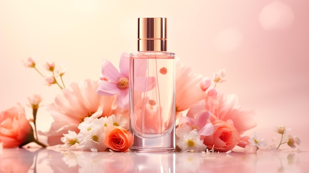 Frasco de perfume ao lado de flores Generative AI
