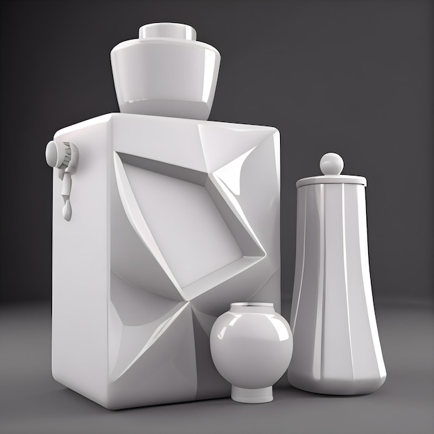 Frasco de perfume branco com vaso em renderização 3d de fundo cinza