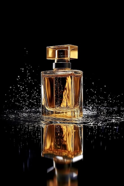 Frasco de perfume brilhante dourado maquete com respingos de água em um suporte de espelho preto Conceito de perfumaria