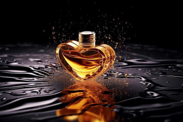 Frasco de perfume brilhante dourado maquete em forma de coração em um suporte de espelho preto Lugar para texto