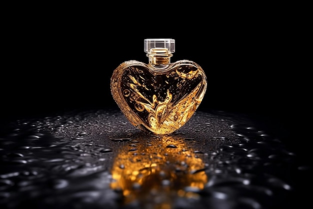 Frasco de perfume brilhante dourado maquete em forma de coração em um suporte preto espelhado com gotas de água
