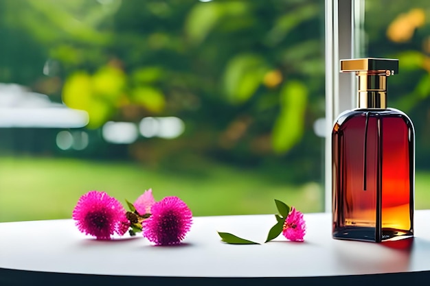 Frasco de perfume com flor vermelha na mesa de madeira à luz do sol