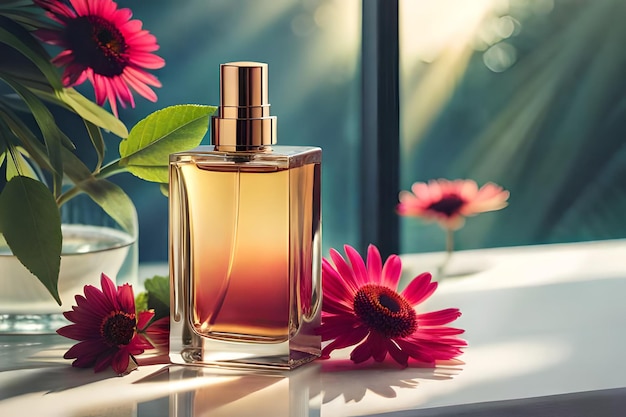 Frasco de perfume com flor vermelha na mesa de madeira à luz do sol