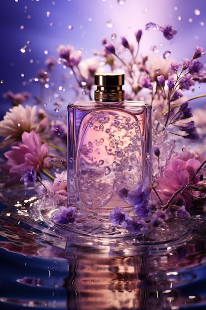 frasco de perfume com flores ao fundo
