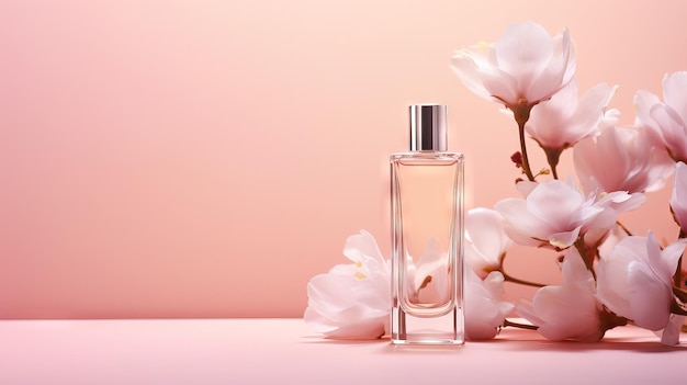 frasco de perfume com flores e espaço para texto