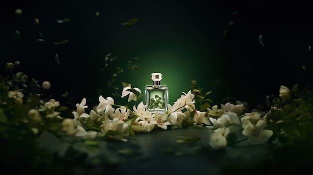 frasco de perfume com flores e espaço para texto