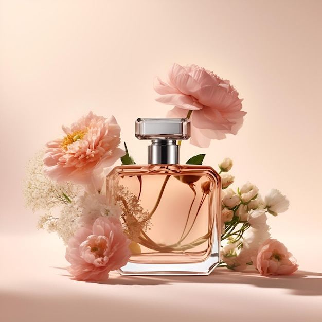 Frasco de perfume com flores no fundo rosa