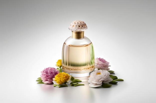 Frasco de perfume com flores sobre fundo claro, imagem gerada por IA de coleção de fragrâncias de cosméticos
