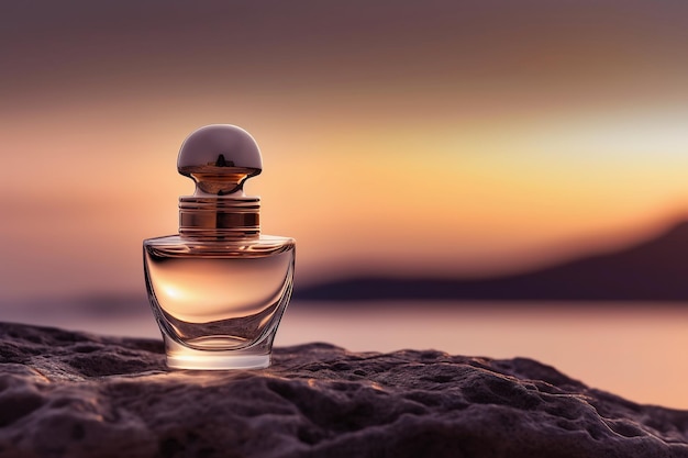 Frasco de perfume com fundo do pôr do sol do mar generative ai