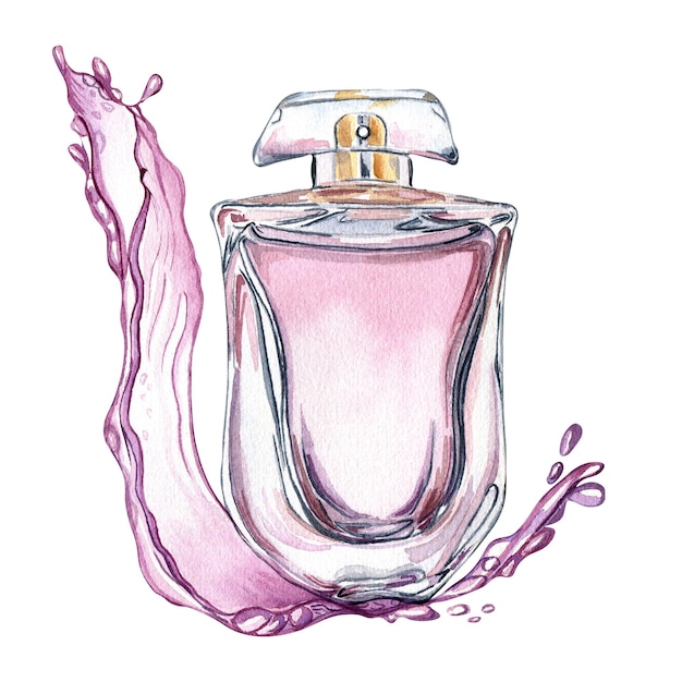 Frasco de perfume com ilustração em aquarela de respingos de água isolada