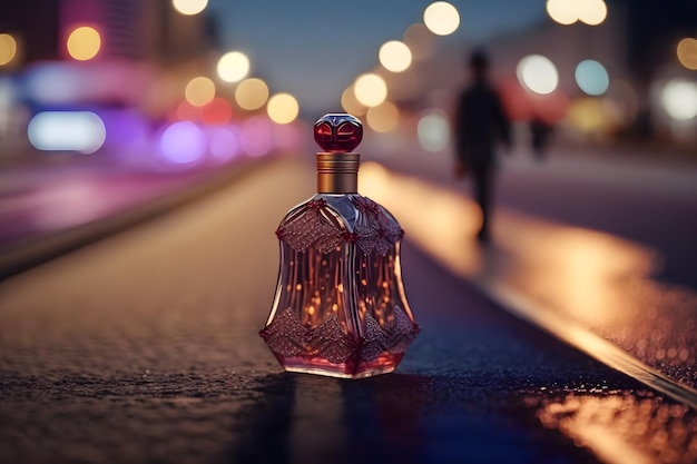 Frasco de perfume contra o pano de fundo das luzes noturnas da cidade Arte gerada pela rede neural