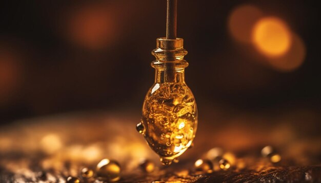 Foto frasco de perfume de luxo com líquido dourado e reflexo brilhante gerado por ia