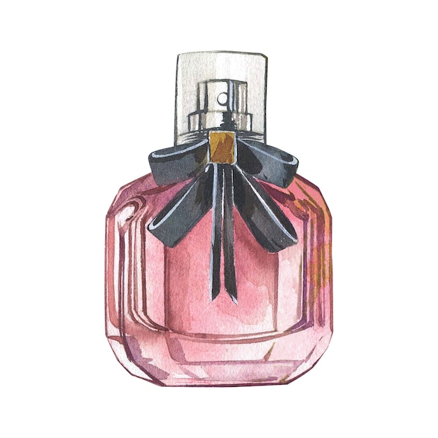 Frasco de perfume de vidro rosa com laço preto isolado no fundo branco Ilustração de desenho de mão em aquarela Arte para design