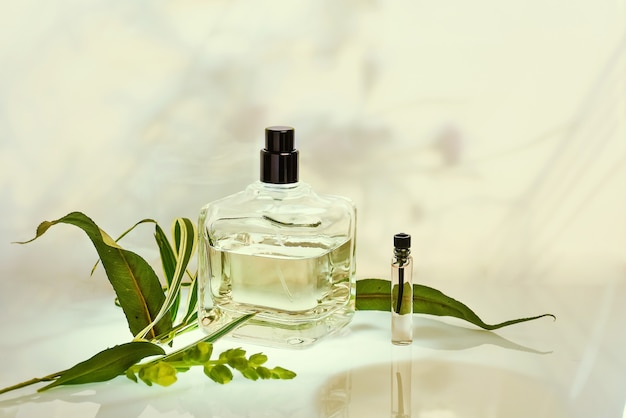 Frasco de perfume e amostrador com plantas em fundo verde natural