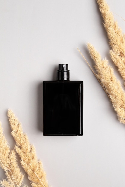 Frasco de perfume e grama dos pampas Conceito de perfumes e cosméticos caros Fragrância floral para mulheres e homens Spray de perfume