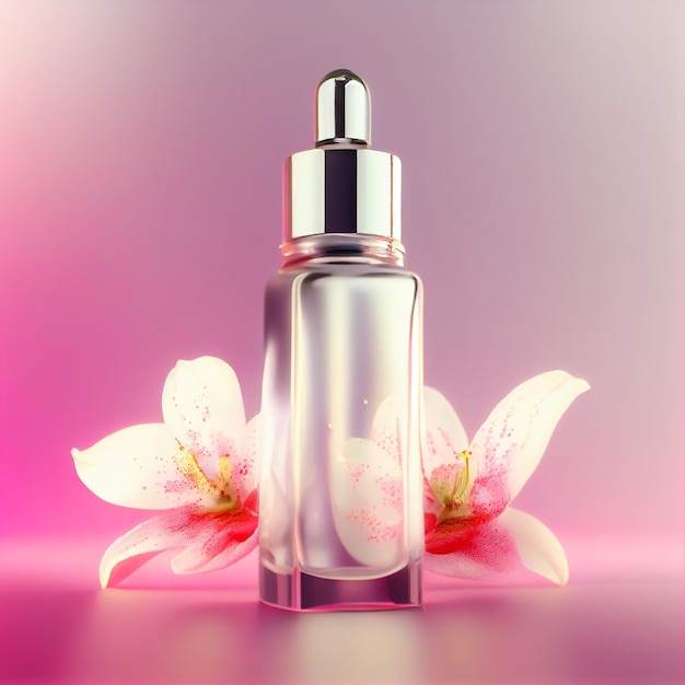 Frasco de perfume elegante de vidro rosa com ilustração de lírio em flor IA generativa