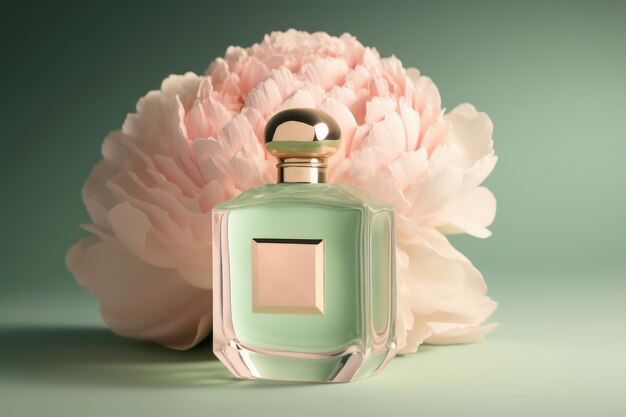 Frasco de perfume em fundo rosa com flores fragrância floral de verão