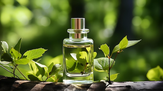 Frasco de perfume em musgo verde na fragrância de luxo da floresta
