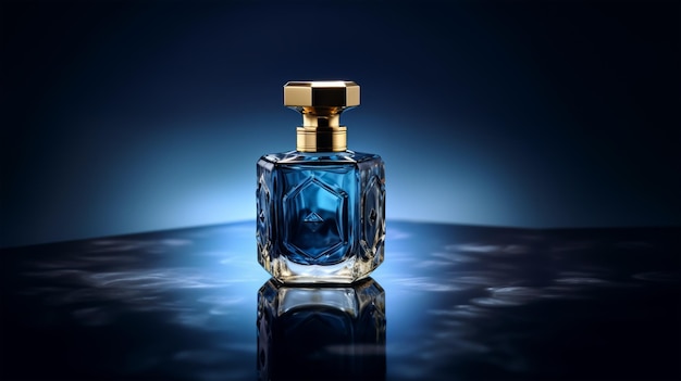 Frasco de perfume em um fundo azul